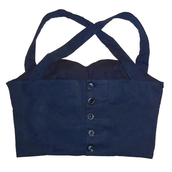 $150 Italian Bustier Small Blue Cup A / B Handcrafted Halter Top Gingham 1950s - Picture 7 of 12